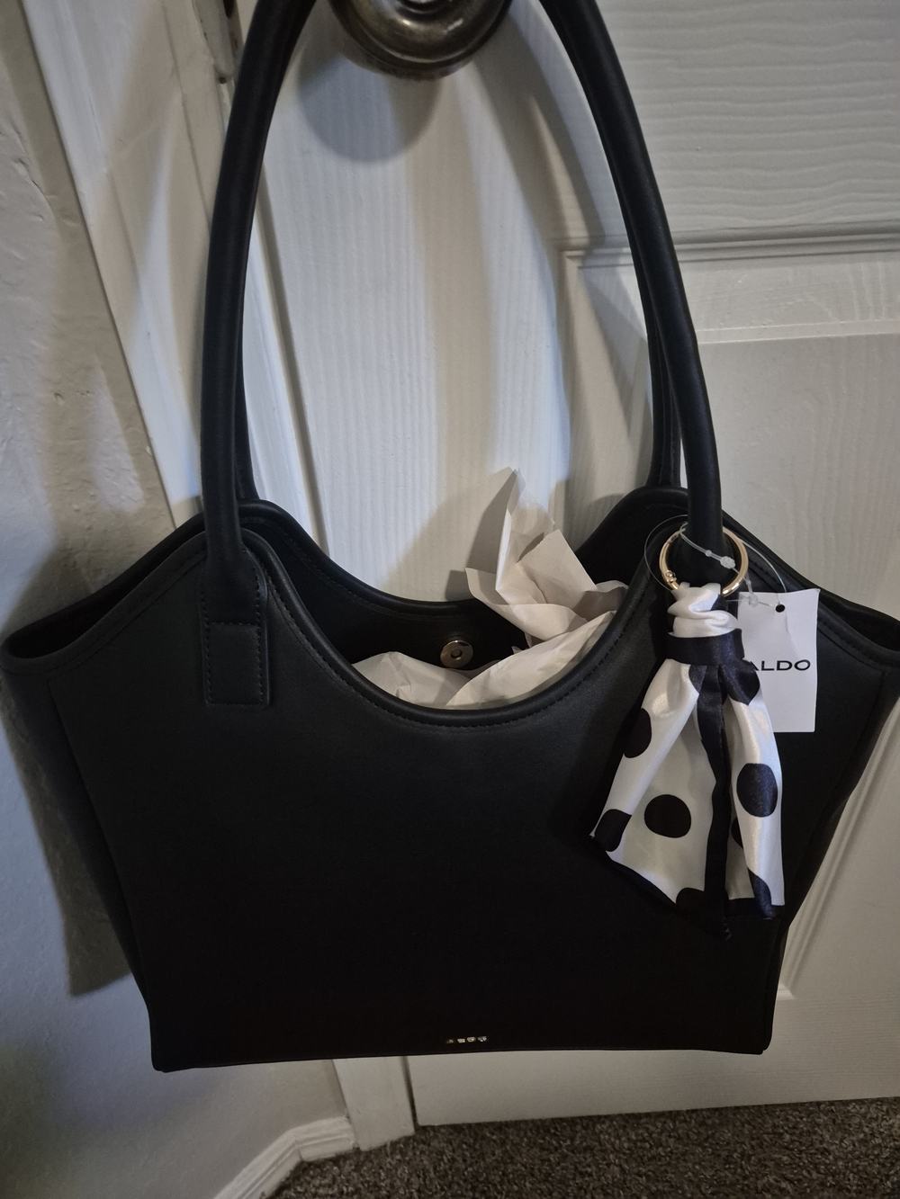 ALDO Black Structured Tote Bag with Polka Dot Scarf